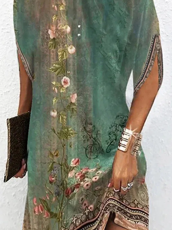Batwing Sleeves Loose Flower Print Round-Neck Mini Dresses 124980 - M