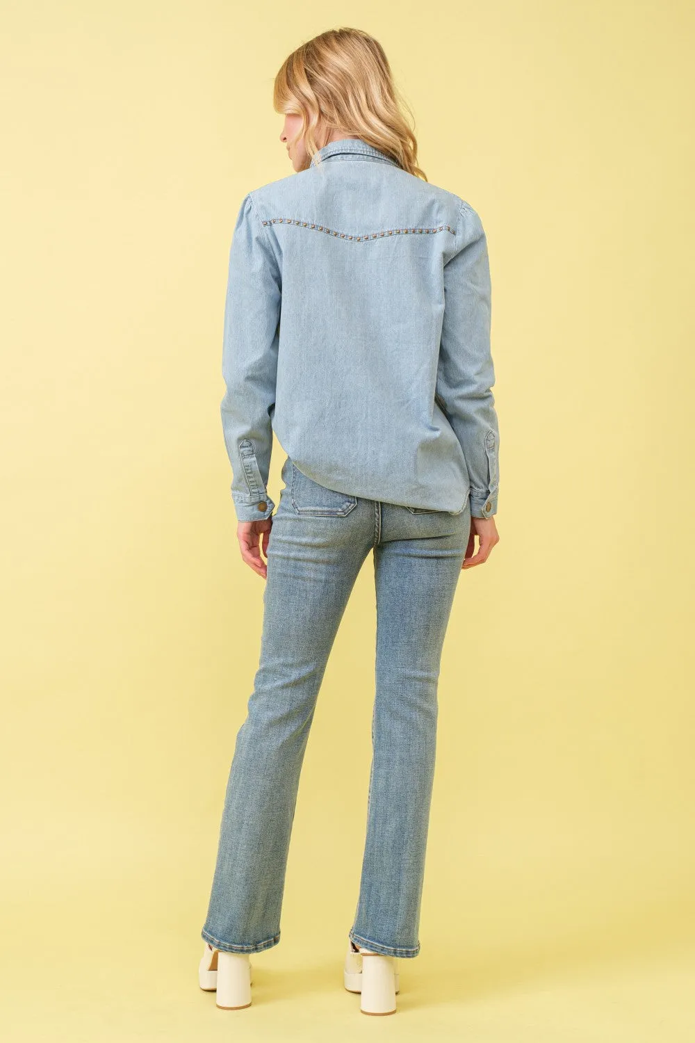 Blue B Chambray Cut Out Studded Collard Shirt Blouse