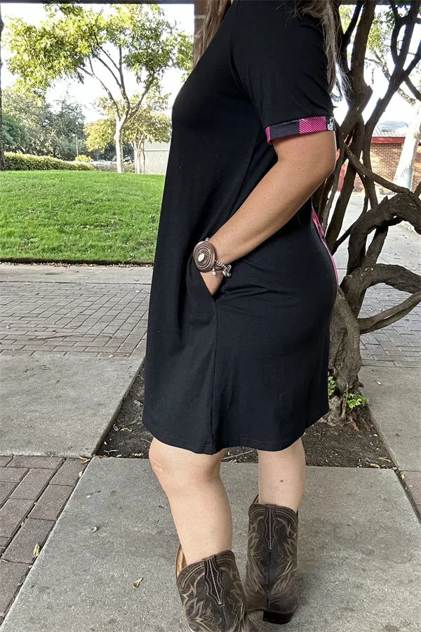 BQ15496 Long sleeve/ Multi color embroidery w/side pockets women black dresses