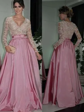 Bridelily A-Line Long Sleeves V-Neck Floor-Length Lace Satin Dresses