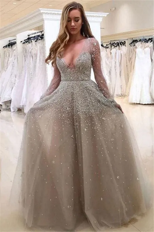 Bridelily A-line Long Sleeves V-neck Floor-length Tulle Pearls Prom Dresses