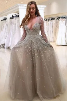 Bridelily A-line Long Sleeves V-neck Floor-length Tulle Pearls Prom Dresses