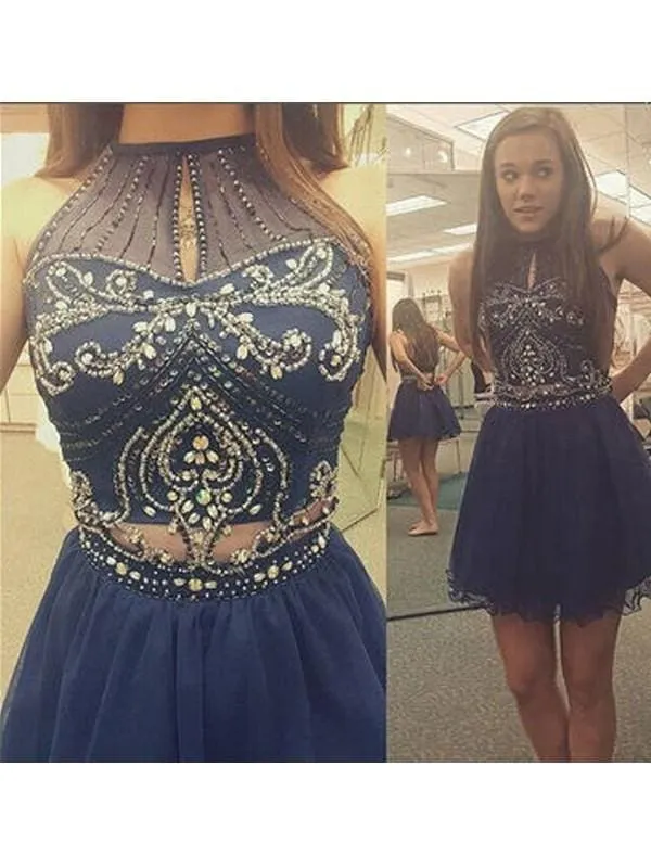 Bridelily A-Line Tulle Scoop Sleeveless Short Beading Prom Dresses