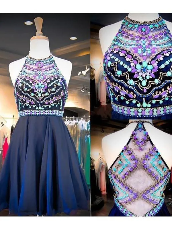 Bridelily A-Line Tulle Scoop Sleeveless Short With Beading Prom Dresses