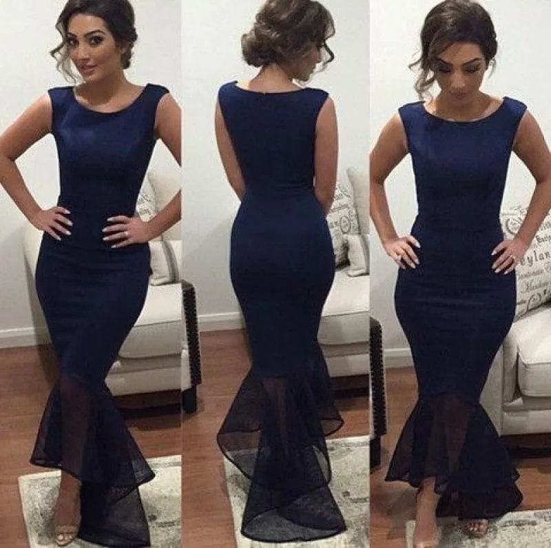 Bridelily Dark Navy Sexy Mermaid Evening Dress Cheap Simple Floor Length Formal Occasion Dress
