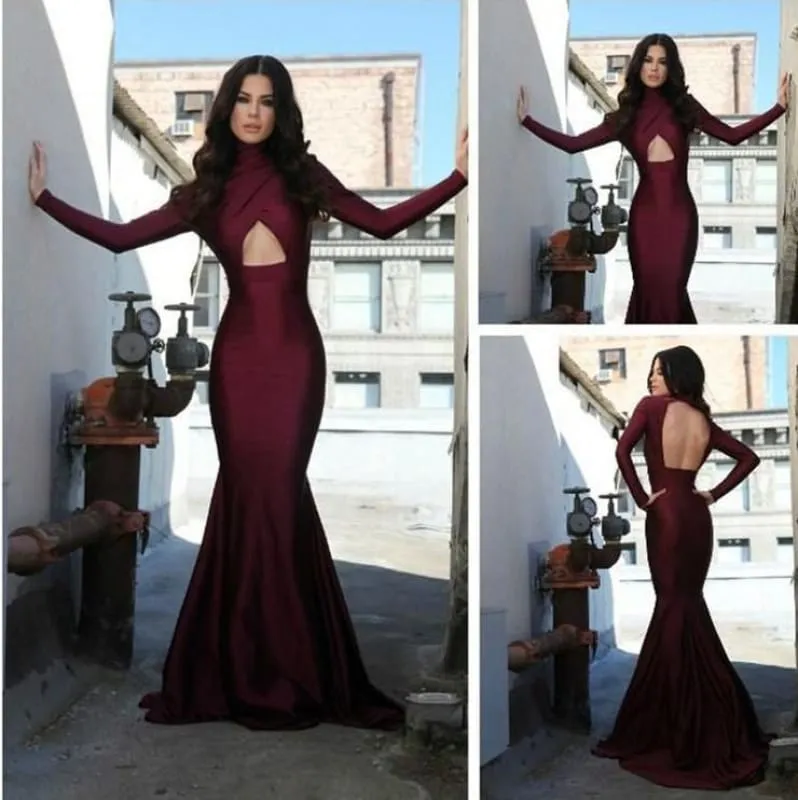 Bridelily High Collar Sexy Long Sleeve Evening Dress Burgundy Mermaid Open Back Formal Occasion Dress
