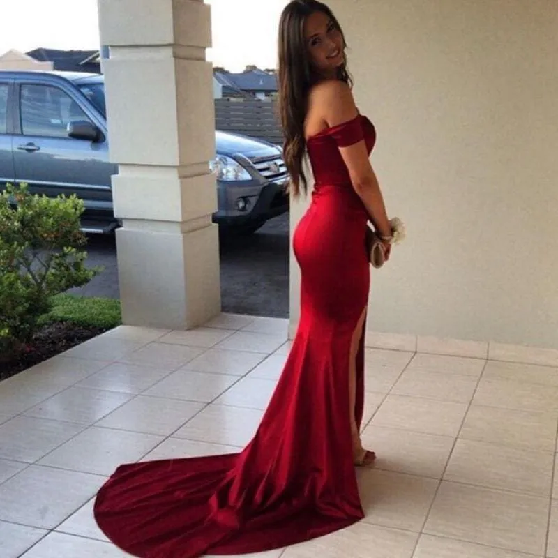 Bridelily Off the Shoulder 2019 Prom Dresses Mermaid Sexy Front Split Evening Gowns CE0053