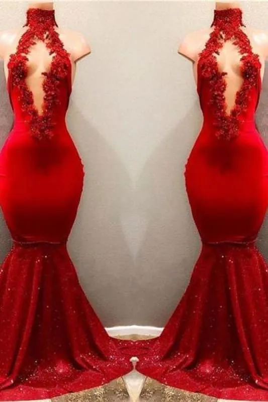 Bridelily Shiny Red Mermaid Prom Dresses High Keyhole Neckline Evening Gowns