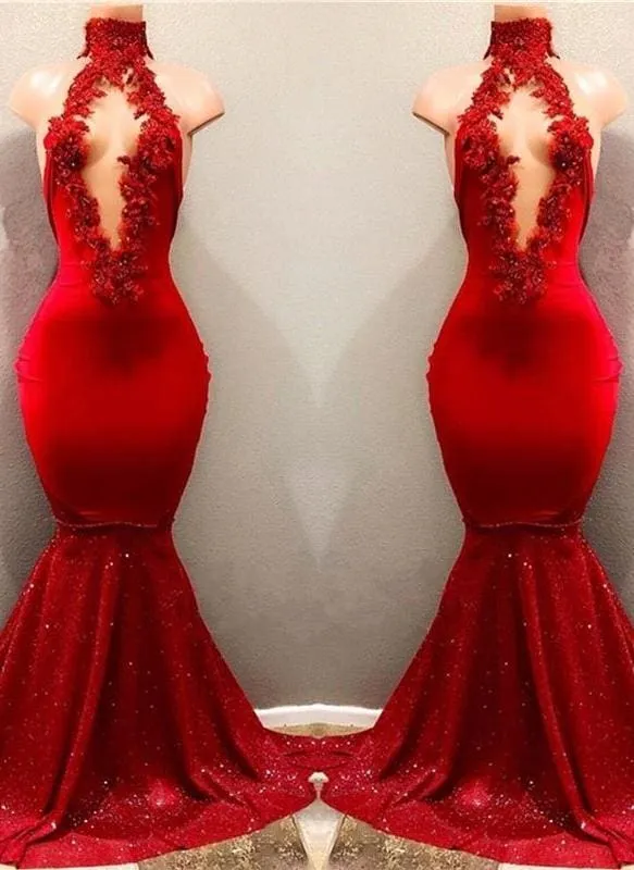 Bridelily Shiny Red Mermaid Prom Dresses High Keyhole Neckline Evening Gowns