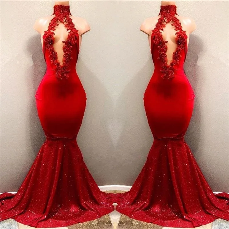 Bridelily Shiny Red Mermaid Prom Dresses High Keyhole Neckline Evening Gowns