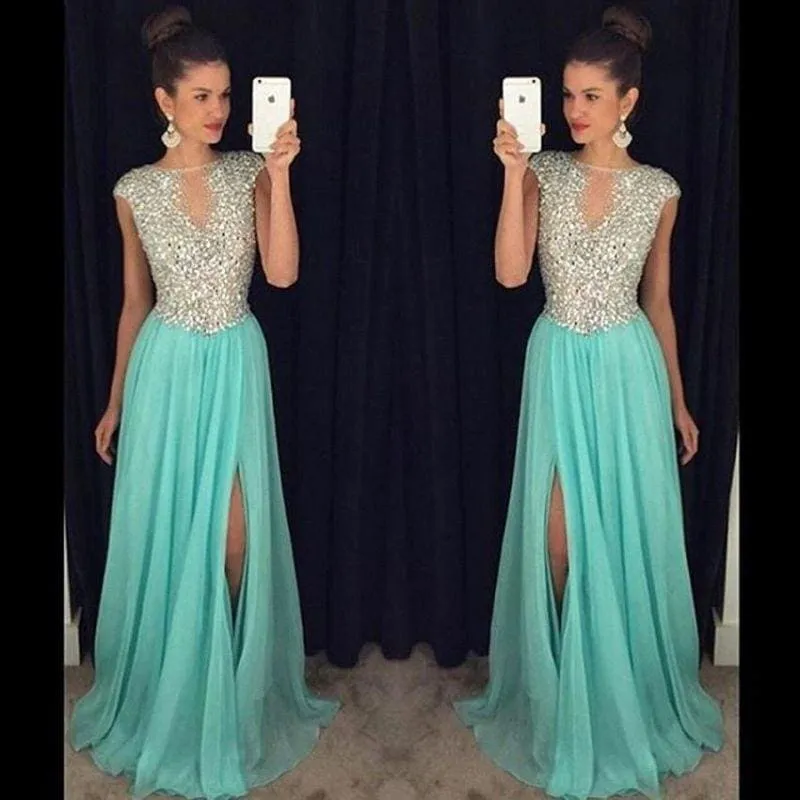 Bridelily Short Sleeve A-Line Crystal Prom Dresses New Arrival Floor Length Evening Gowns GA052