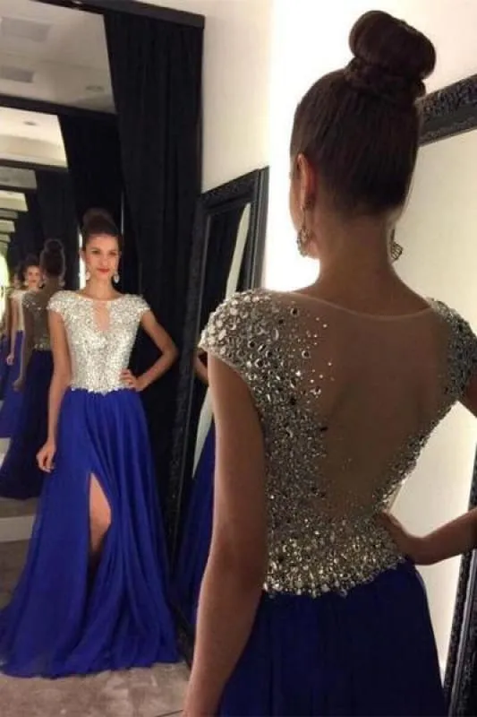 Bridelily Short Sleeve A-Line Crystal Prom Dresses New Arrival Floor Length Evening Gowns GA052