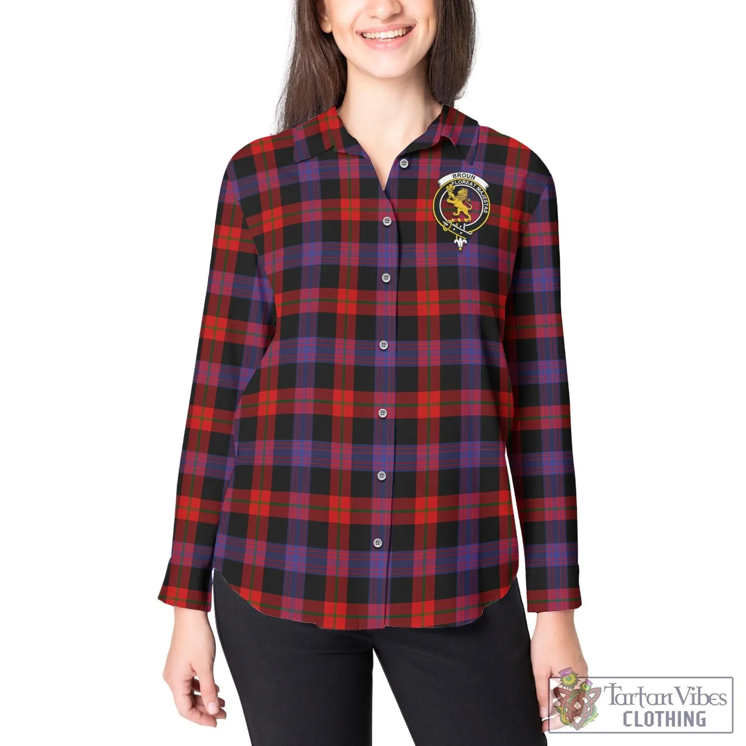 Broun Modern Tartan Women's Casual Shirt with Family Crest