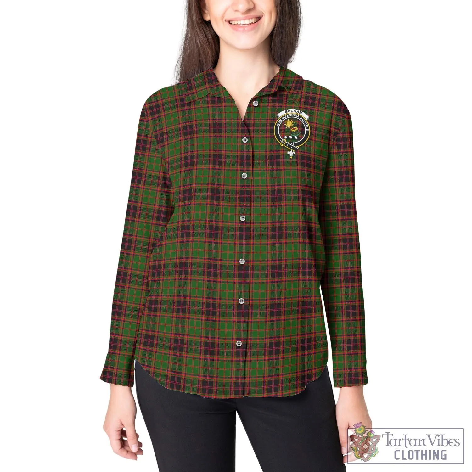 Buchan Tartan Women's Casual Shirt with Family Crest