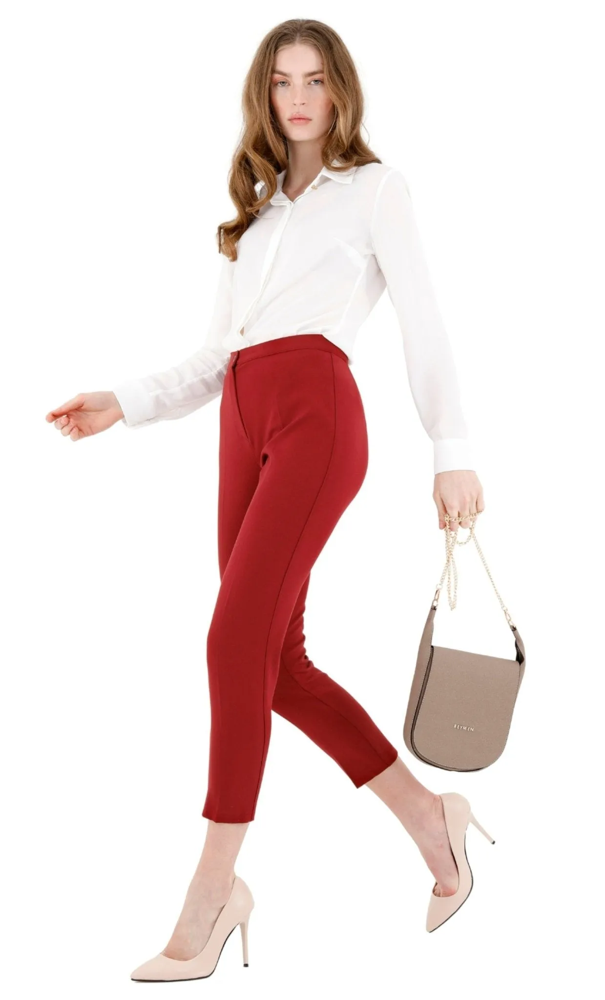 Burgundy High Waist Slim Fit Stretchy Skinny Work Pants