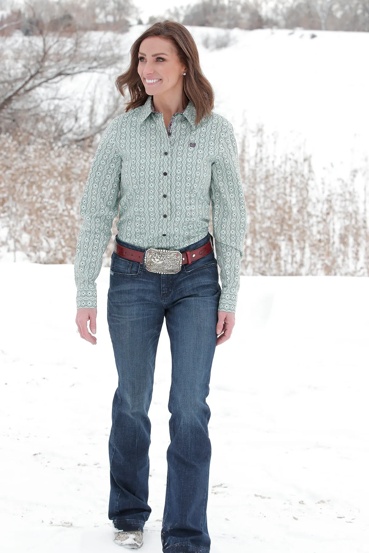 Cinch Women's L/S Green Geometric Western Button Down Shirt
