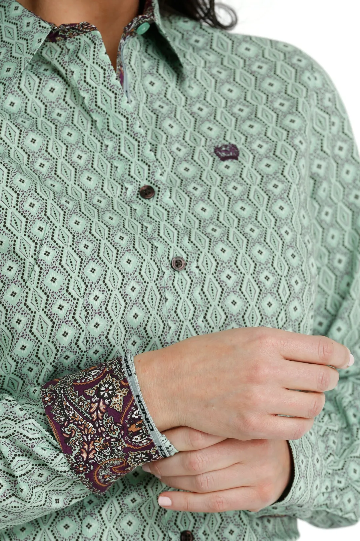 Cinch Women's L/S Green Geometric Western Button Down Shirt