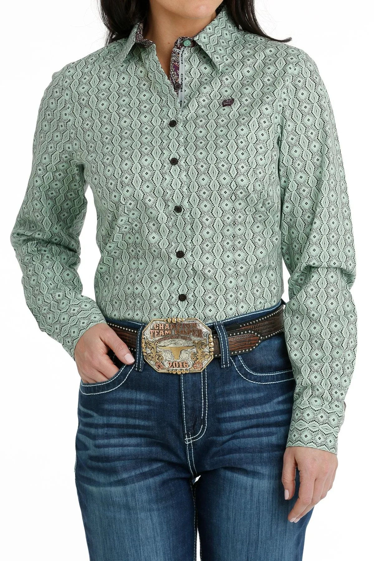 Cinch Women's L/S Green Geometric Western Button Down Shirt