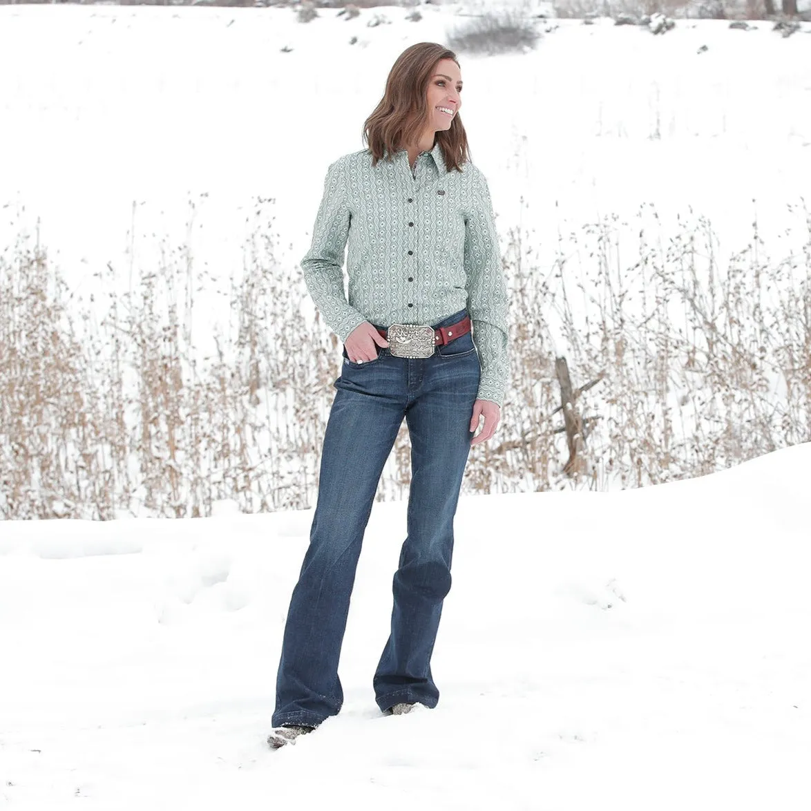 Cinch Women's L/S Green Geometric Western Button Down Shirt