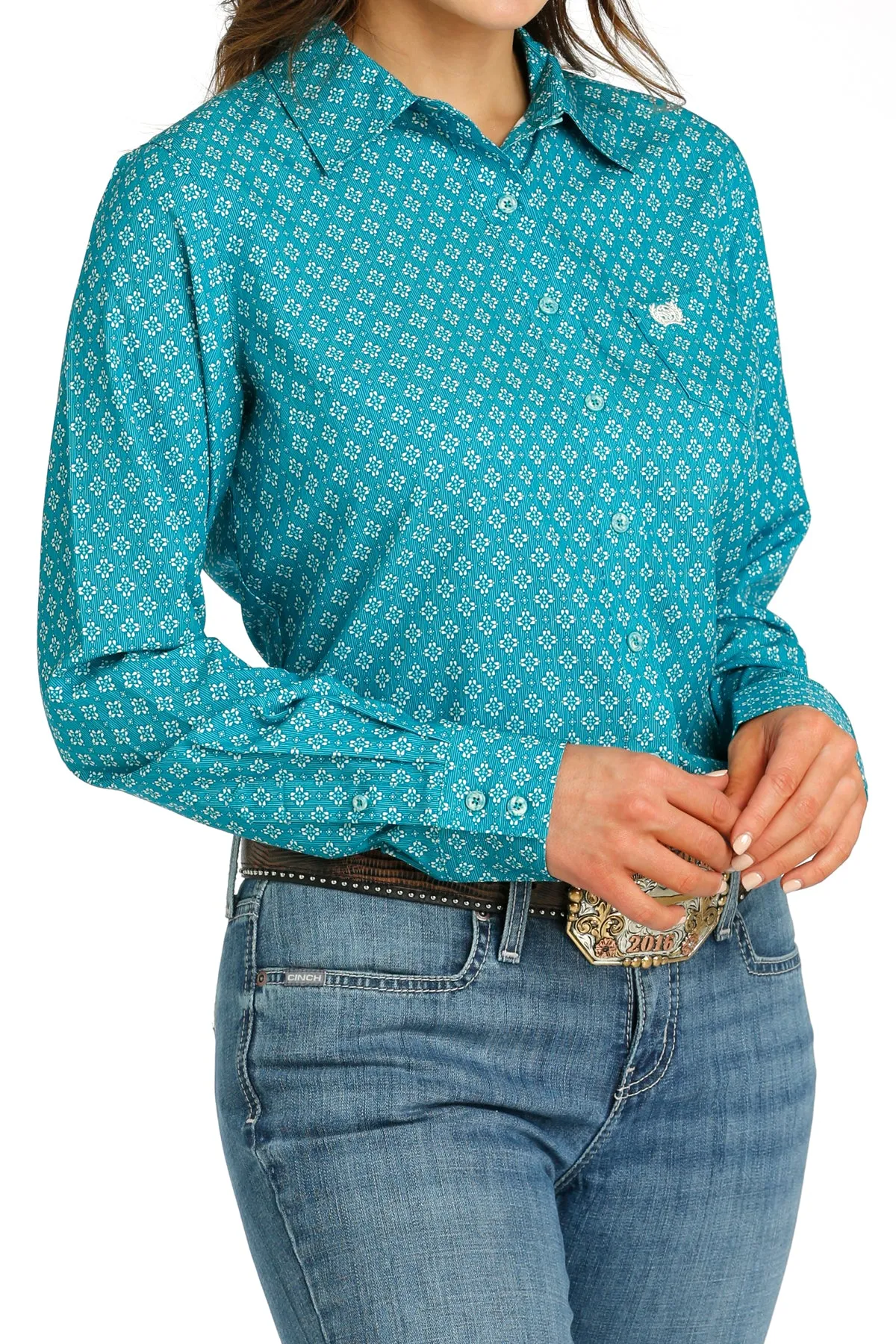 Cinch Women's Teal Geometric Diamond ArenaFlex Western Button Down Shirt