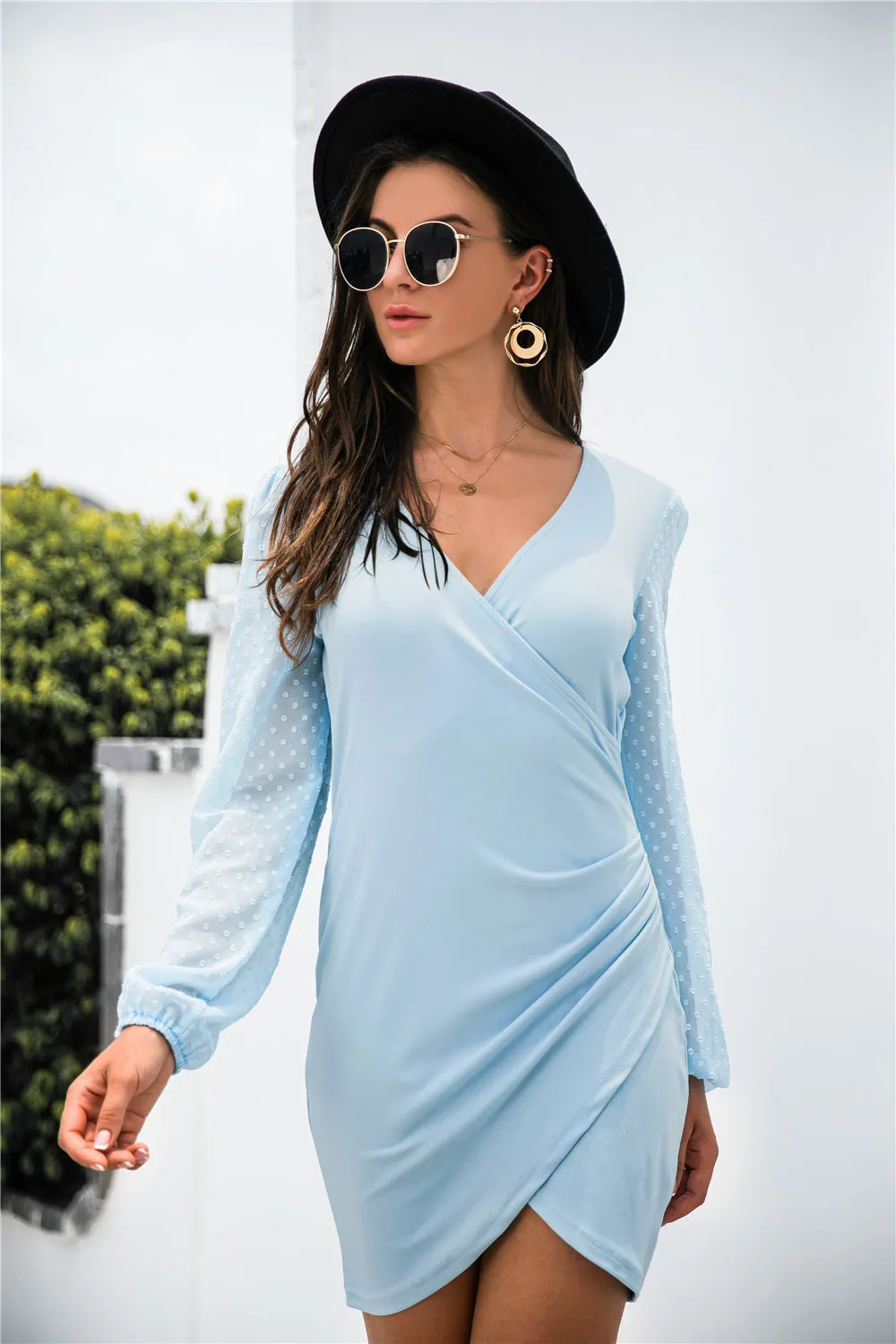 Contrast Mesh Sleeve Wrap Front Dress - 2 colors