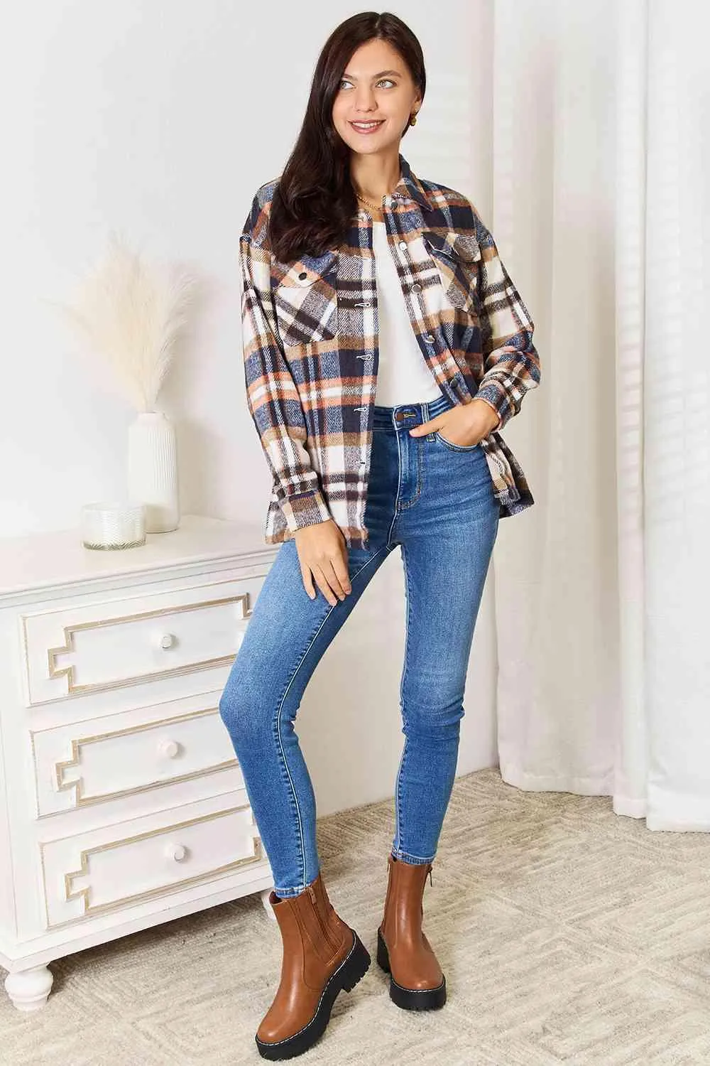Double Take Plaid Button Front Shirt Jacket with Breast