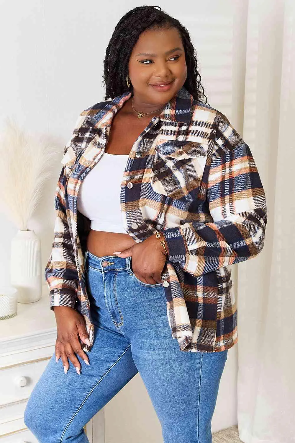 Double Take Plaid Button Front Shirt Jacket with Breast