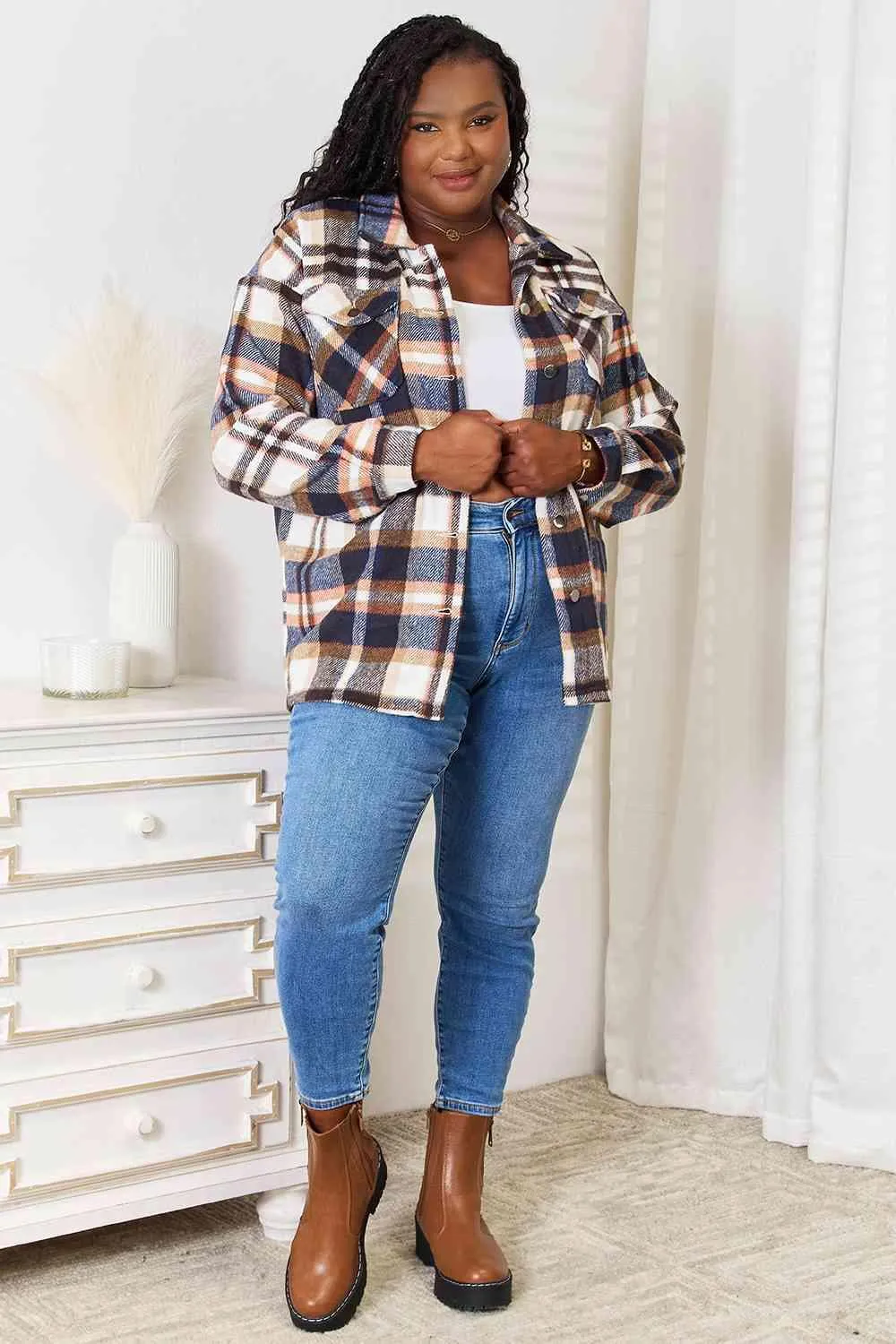 Double Take Plaid Button Front Shirt Jacket with Breast