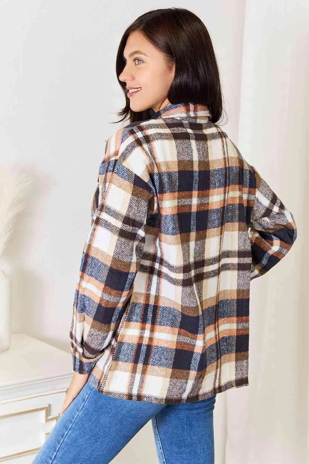 Double Take Plaid Button Front Shirt Jacket with Breast