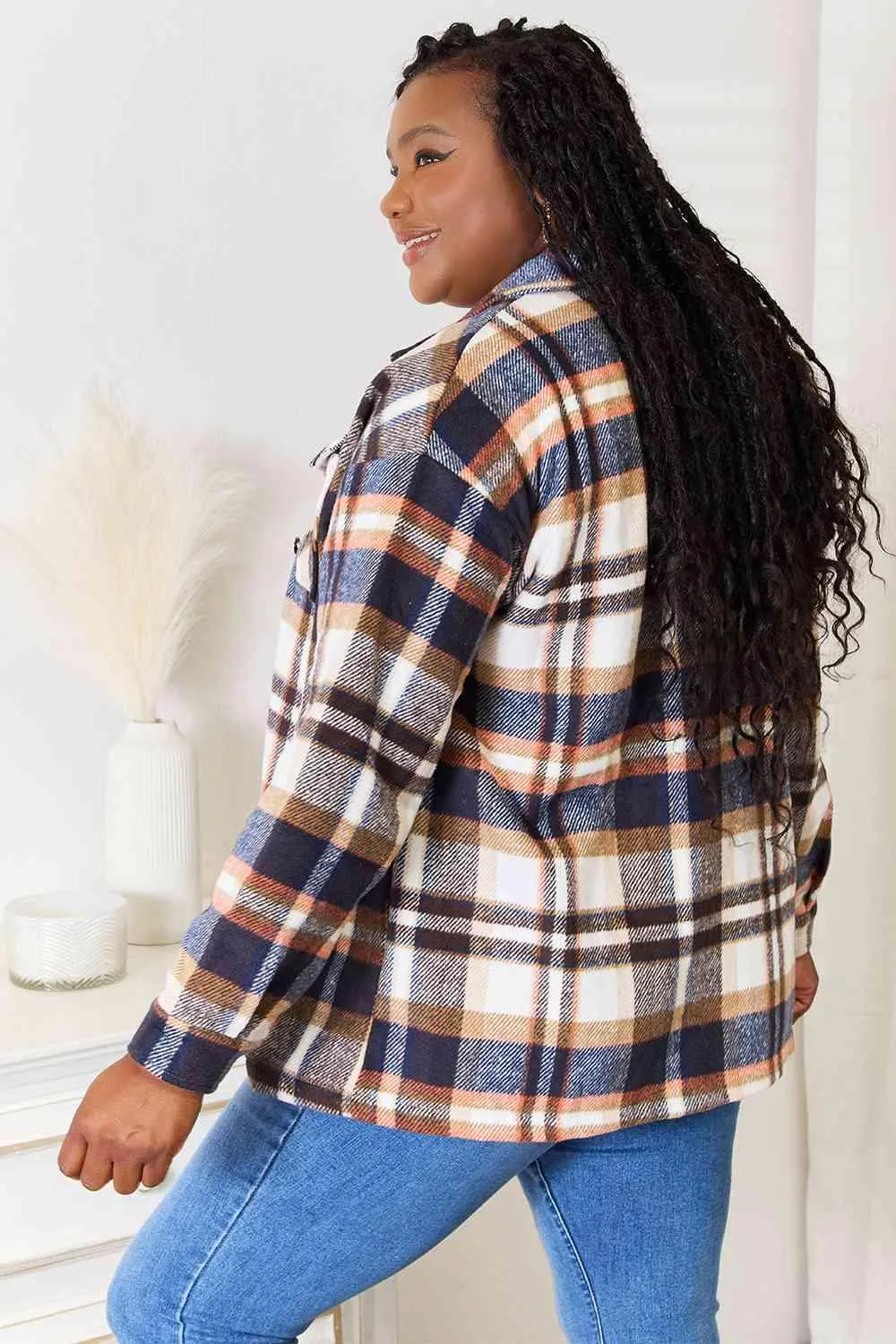 Double Take Plaid Button Front Shirt Jacket with Breast