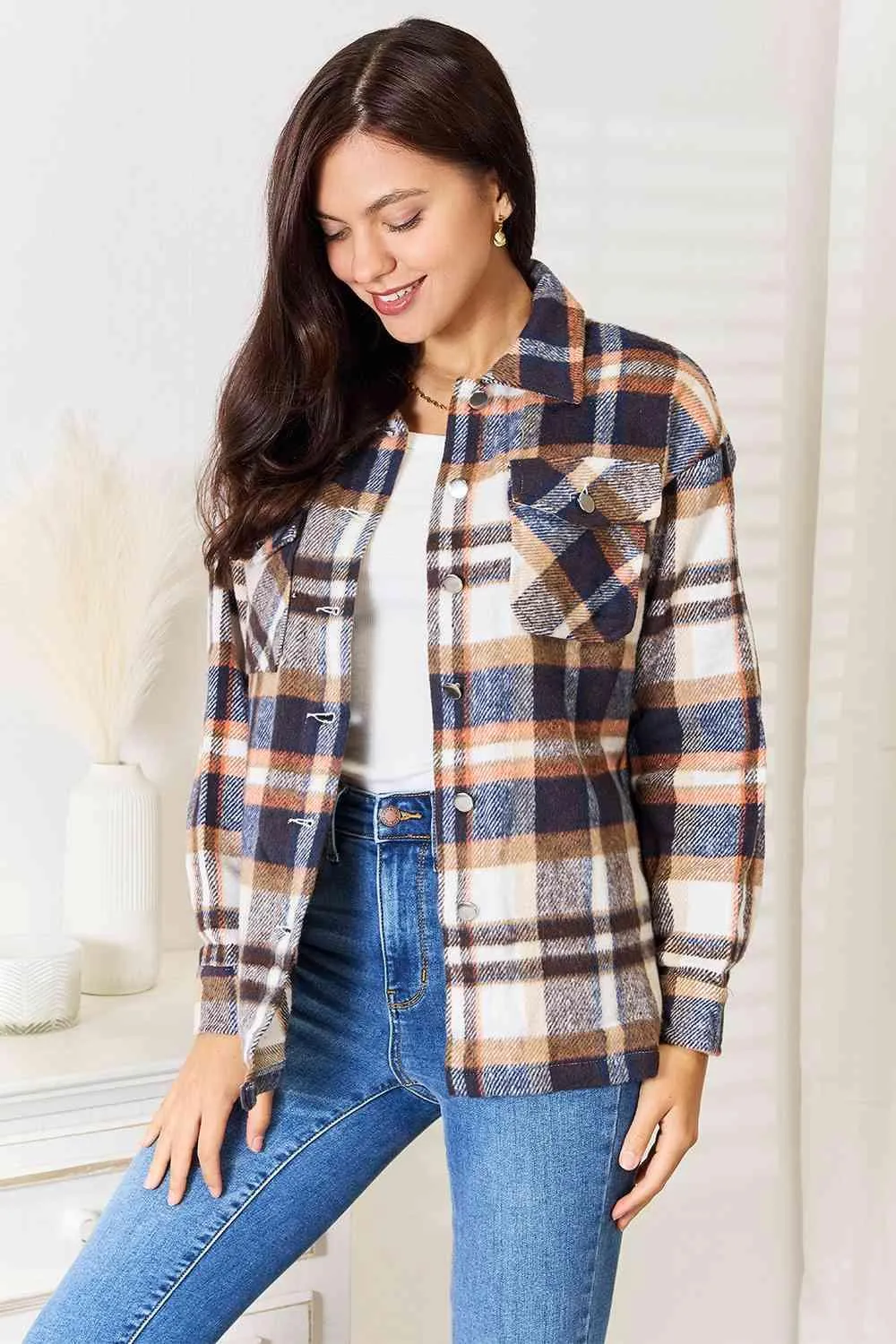 Double Take Plaid Button Front Shirt Jacket with Breast