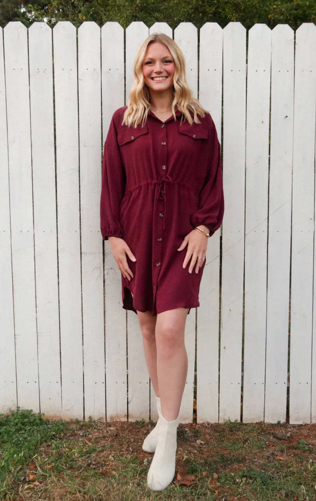 Drawstring Waist Shirt Midi Dress in Merlot