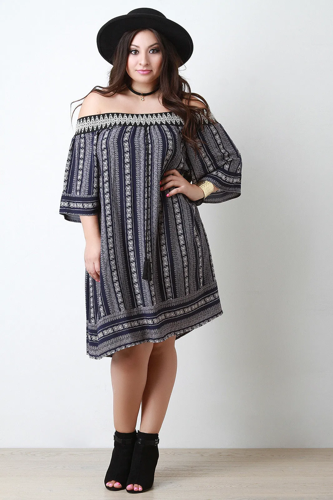 Embroidered Tribal Print Off-The-Shoulder Shift Dress