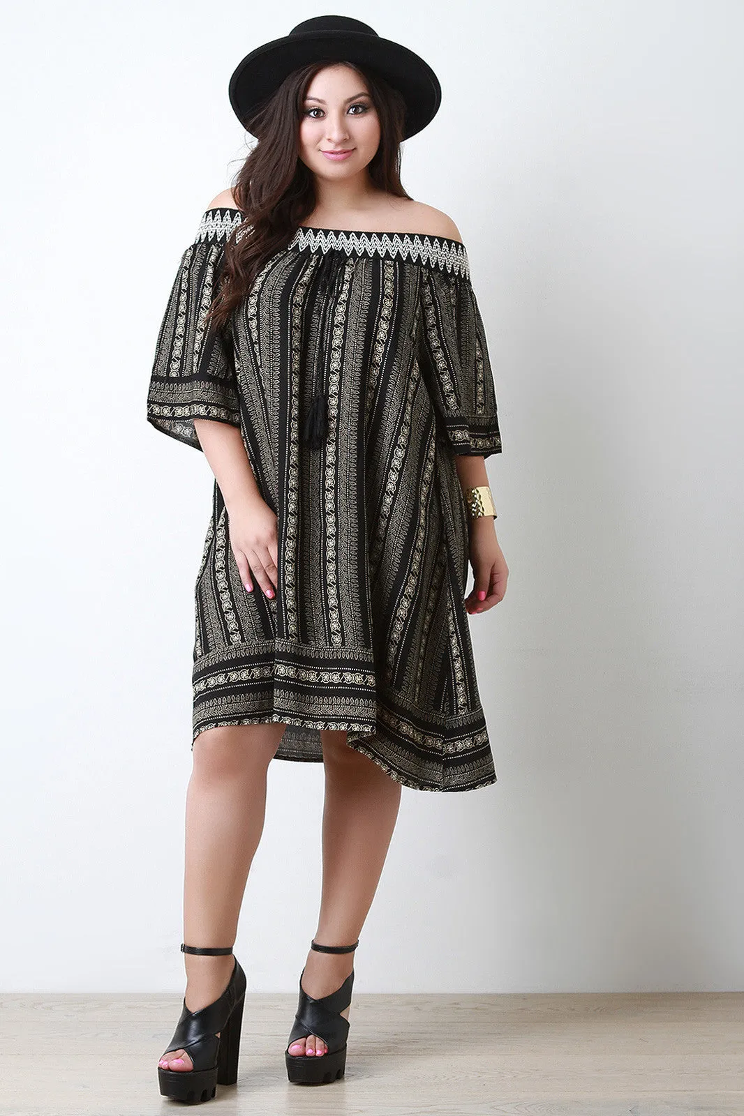Embroidered Tribal Print Off-The-Shoulder Shift Dress