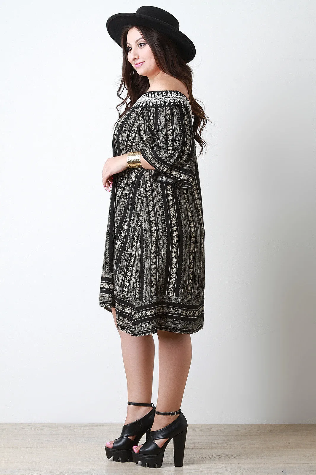Embroidered Tribal Print Off-The-Shoulder Shift Dress