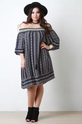 Embroidered Tribal Print Off-The-Shoulder Shift Dress