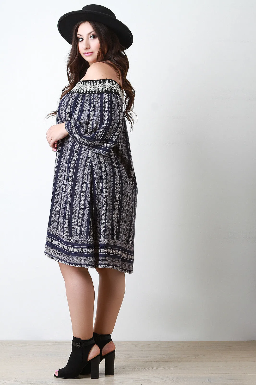Embroidered Tribal Print Off-The-Shoulder Shift Dress