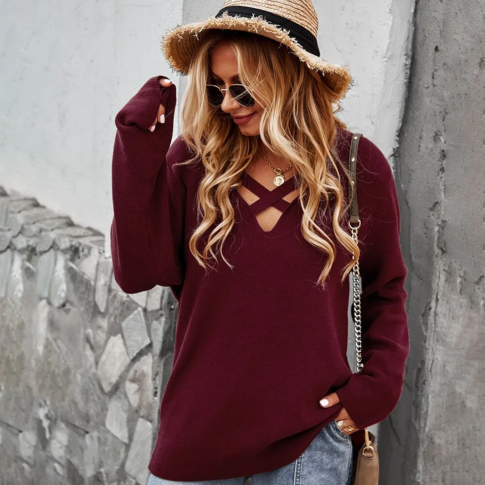 Fashionkova   Casual Hollow Out Womens Shirt And Blouses V Neck Long Sleeve Tops Female 2022 Autumn New Knitting Slim Solid Tunic