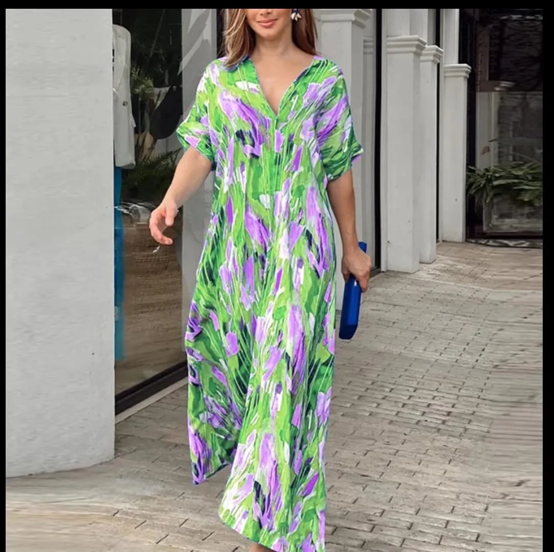 Floral Printed Dress for Women Casual V Neck High Waist Swing Dress B-108201
