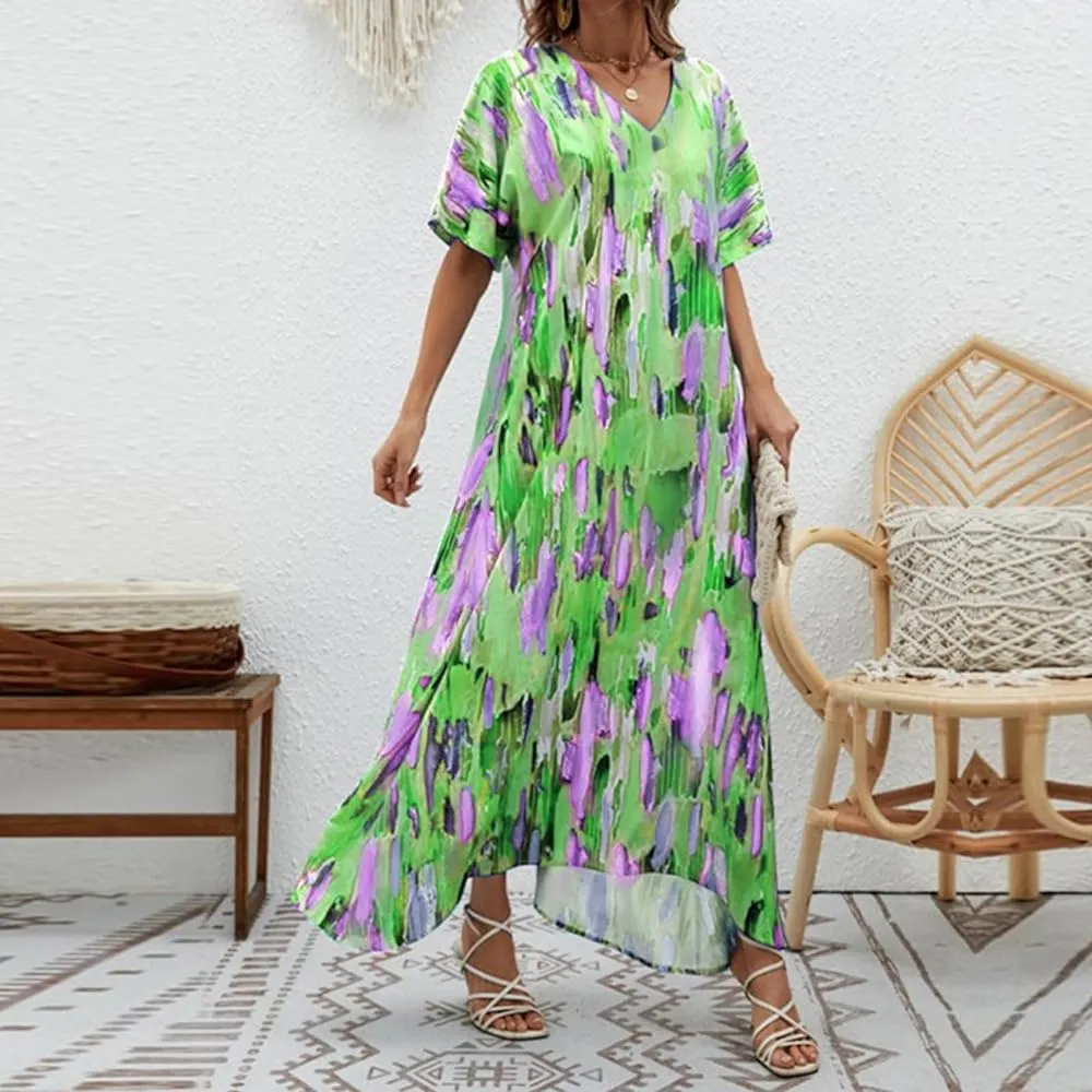 Floral Printed Dress for Women Casual V Neck High Waist Swing Dress B-108201