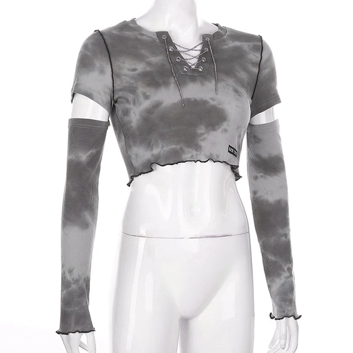 Gray Clouds Tie Dye Long Sleeve Crop Top