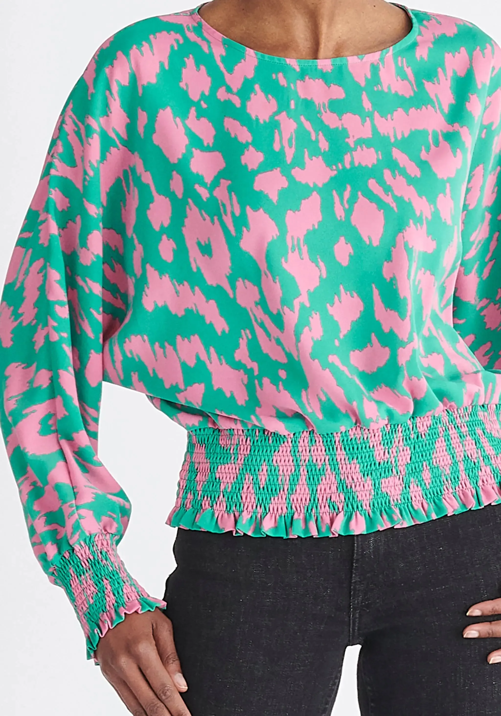 Green and Pink Animal Print Balloon Sleeve Blouse
