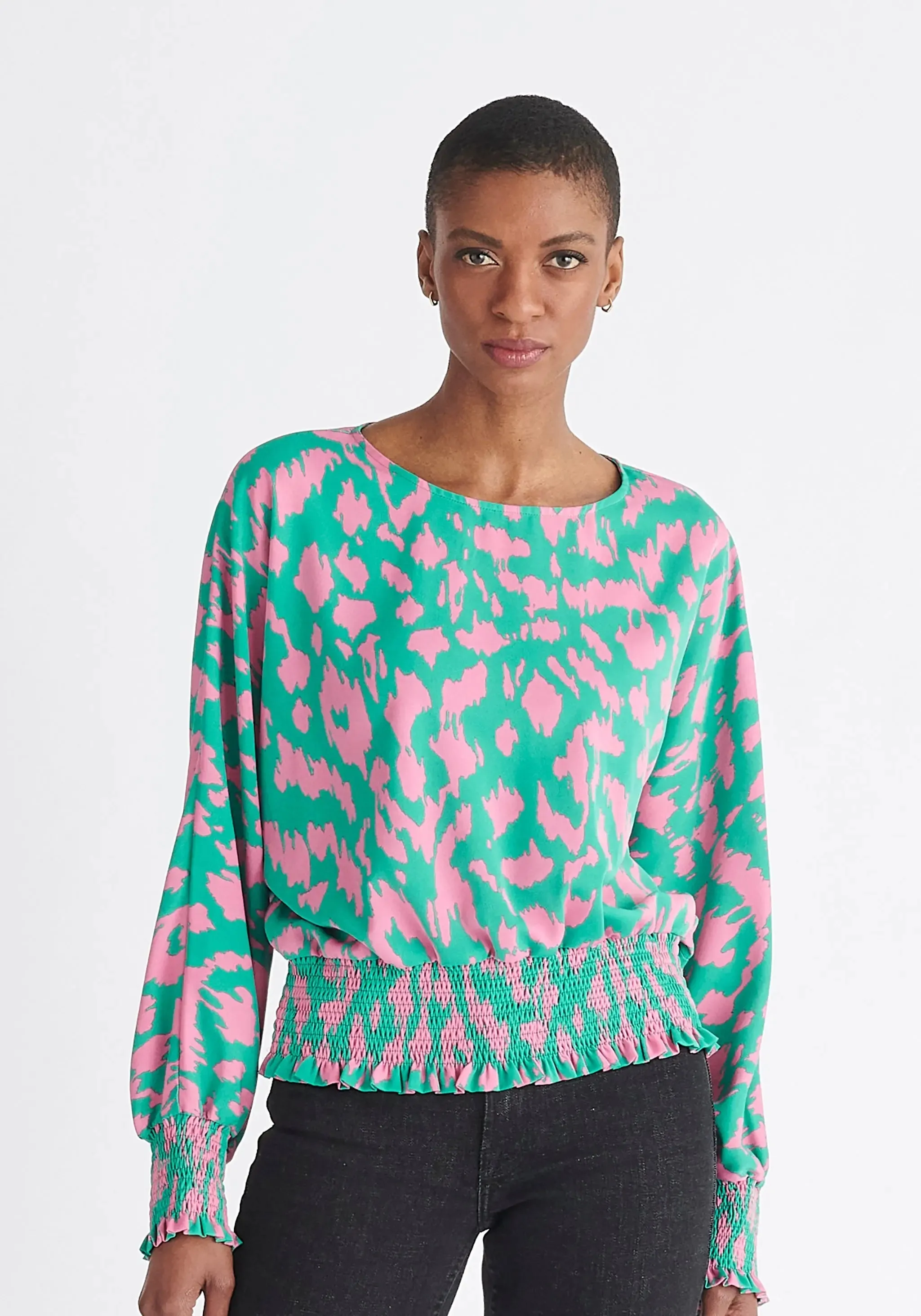 Green and Pink Animal Print Balloon Sleeve Blouse