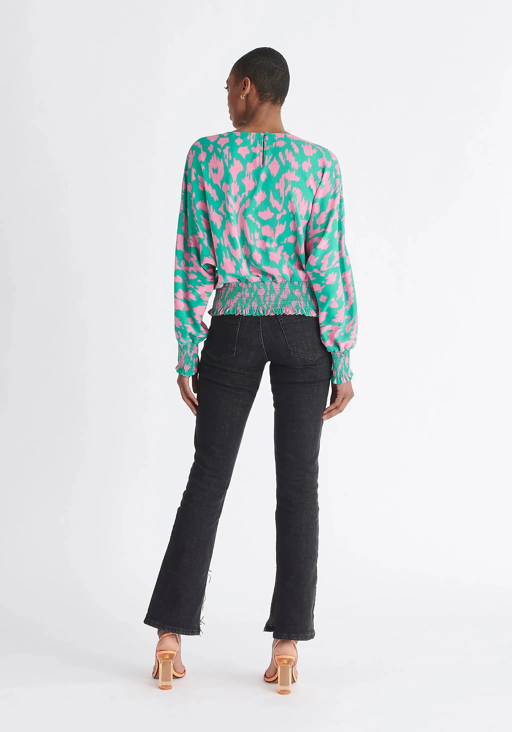 Green and Pink Animal Print Balloon Sleeve Blouse