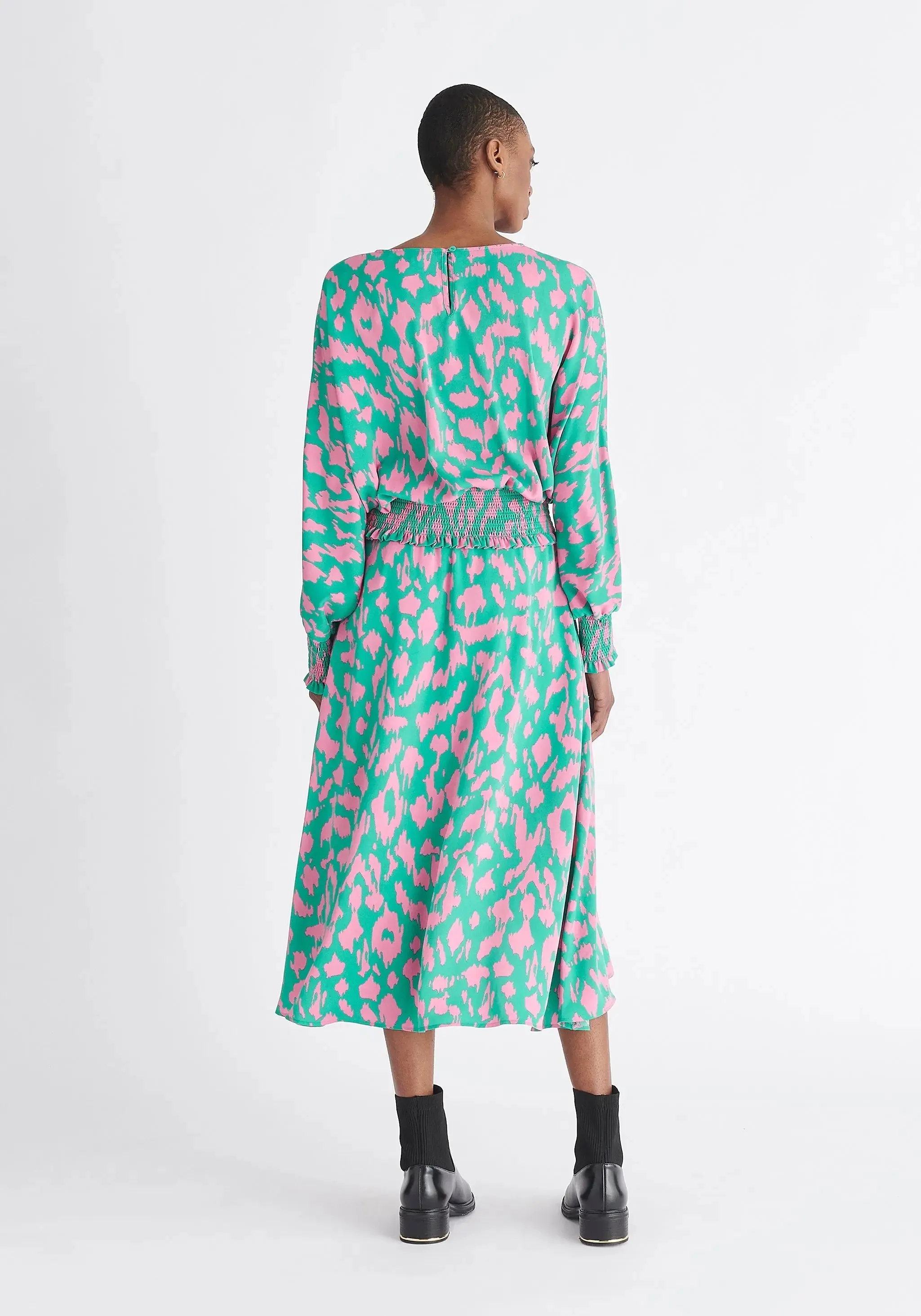 Green and Pink Animal Print Balloon Sleeve Blouse