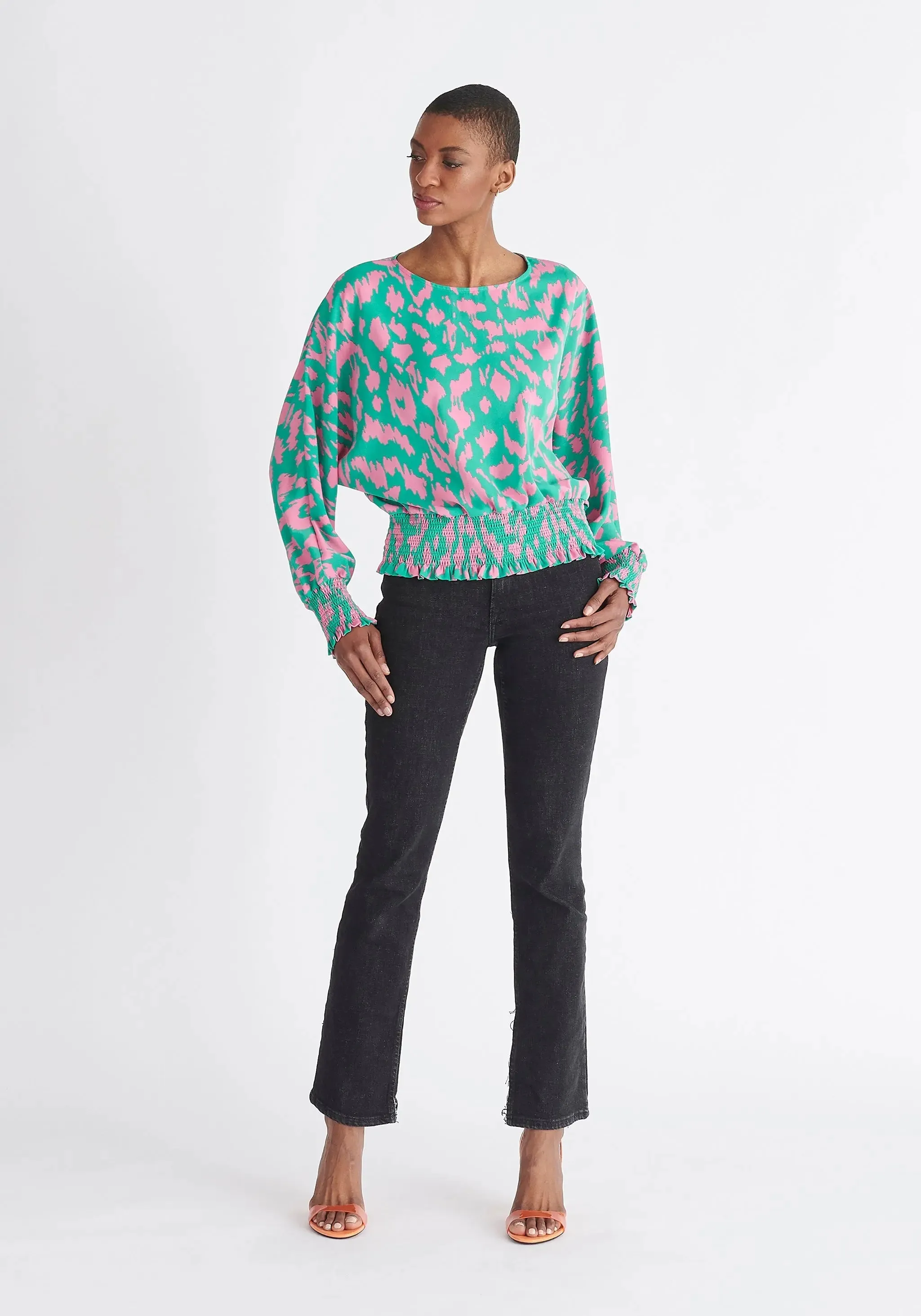 Green and Pink Animal Print Balloon Sleeve Blouse