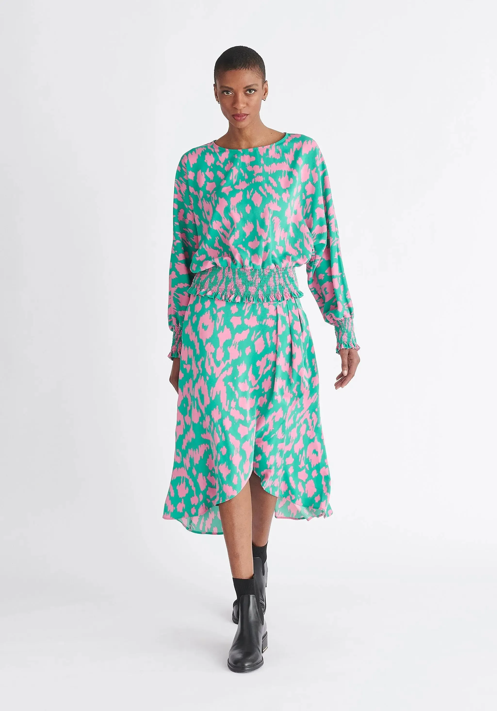Green and Pink Animal Print Balloon Sleeve Blouse