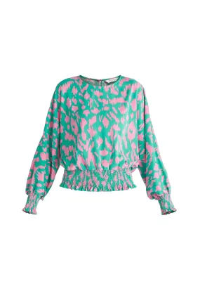 Green and Pink Animal Print Balloon Sleeve Blouse