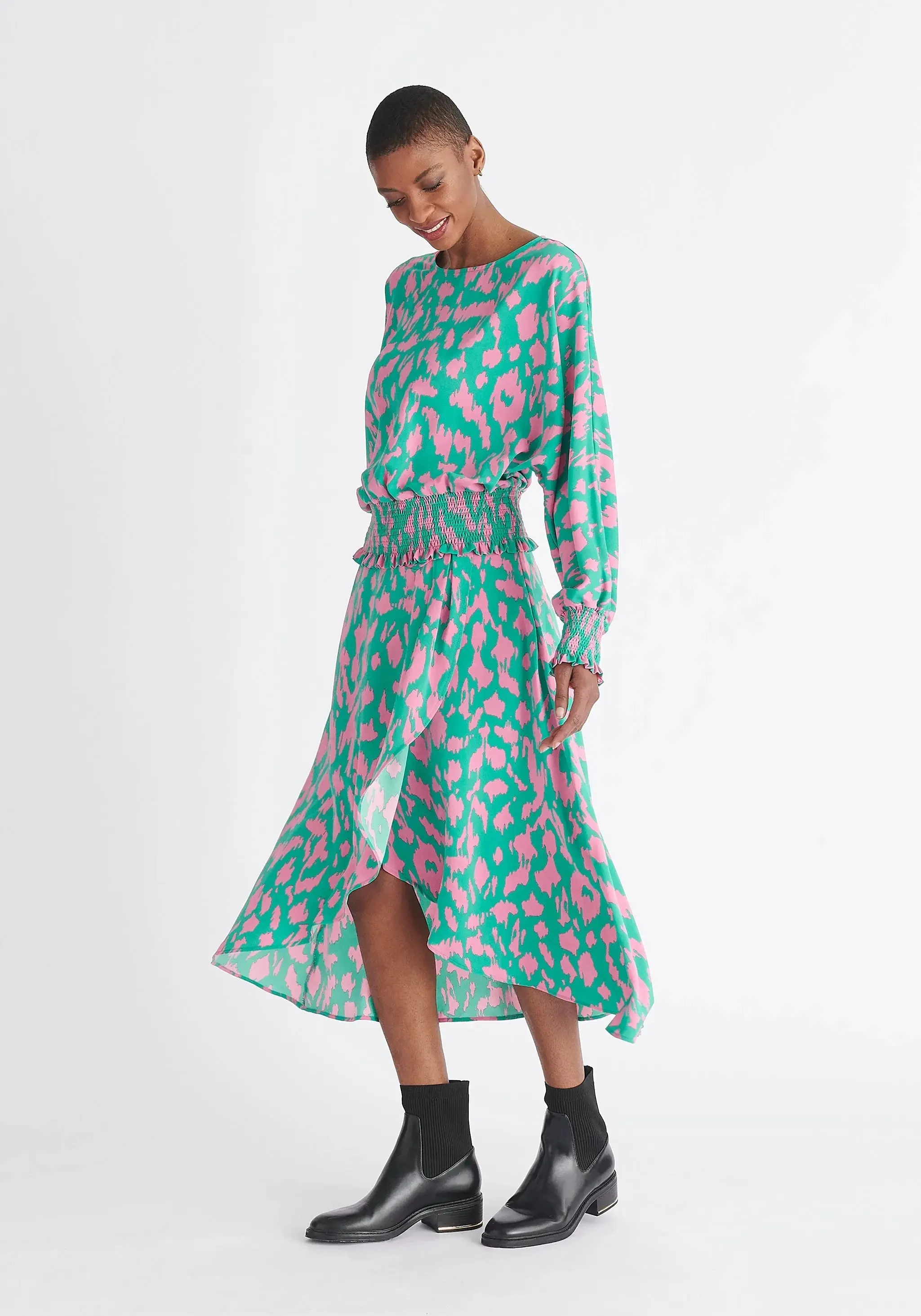 Green and Pink Animal Print Balloon Sleeve Blouse