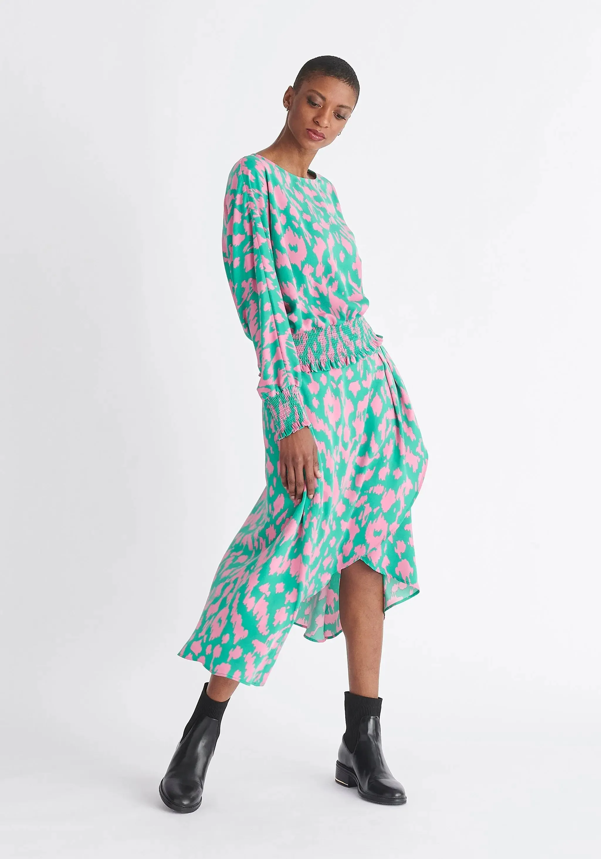 Green and Pink Animal Print Balloon Sleeve Blouse